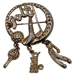 Gold Tone Golf Theme Brooch Pin with Dangles Golfer Club Ball Charms